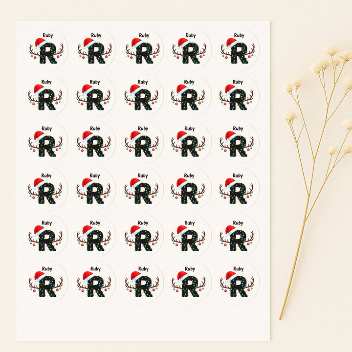 Personalised Initial Reindeer Lights Christmas Stickers