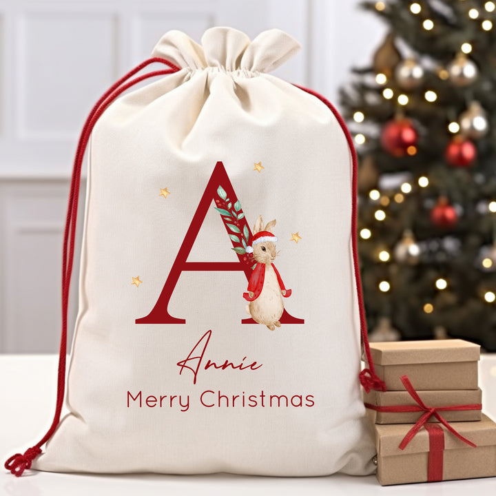 Personalised Red Rabbit Christmas Initial Santa Sack or Stocking