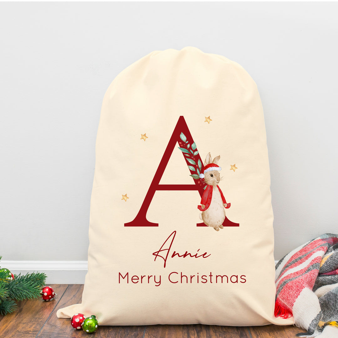 Personalised Red Rabbit Christmas Initial Santa Sack or Stocking