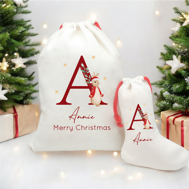 Personalised Red Rabbit Christmas Initial Santa Sack or Stocking