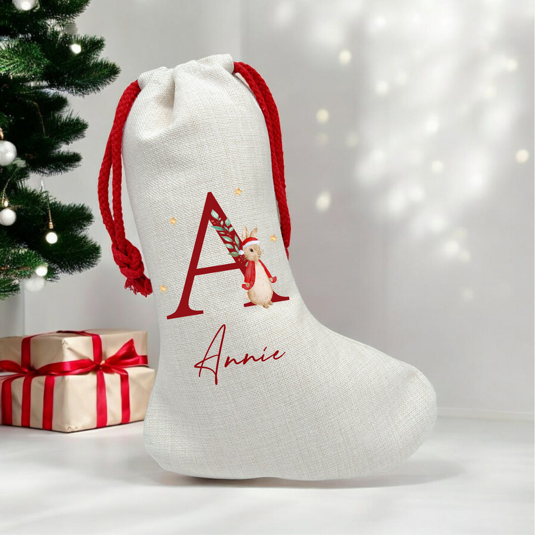 Personalised Red Rabbit Christmas Initial Santa Sack or Stocking