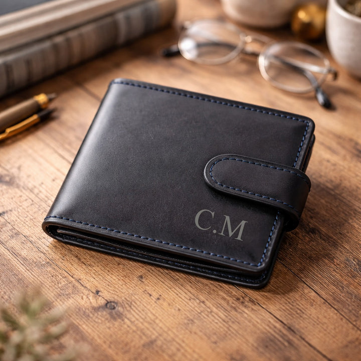 Personalised Engraved Initials Black Leather Wallet
