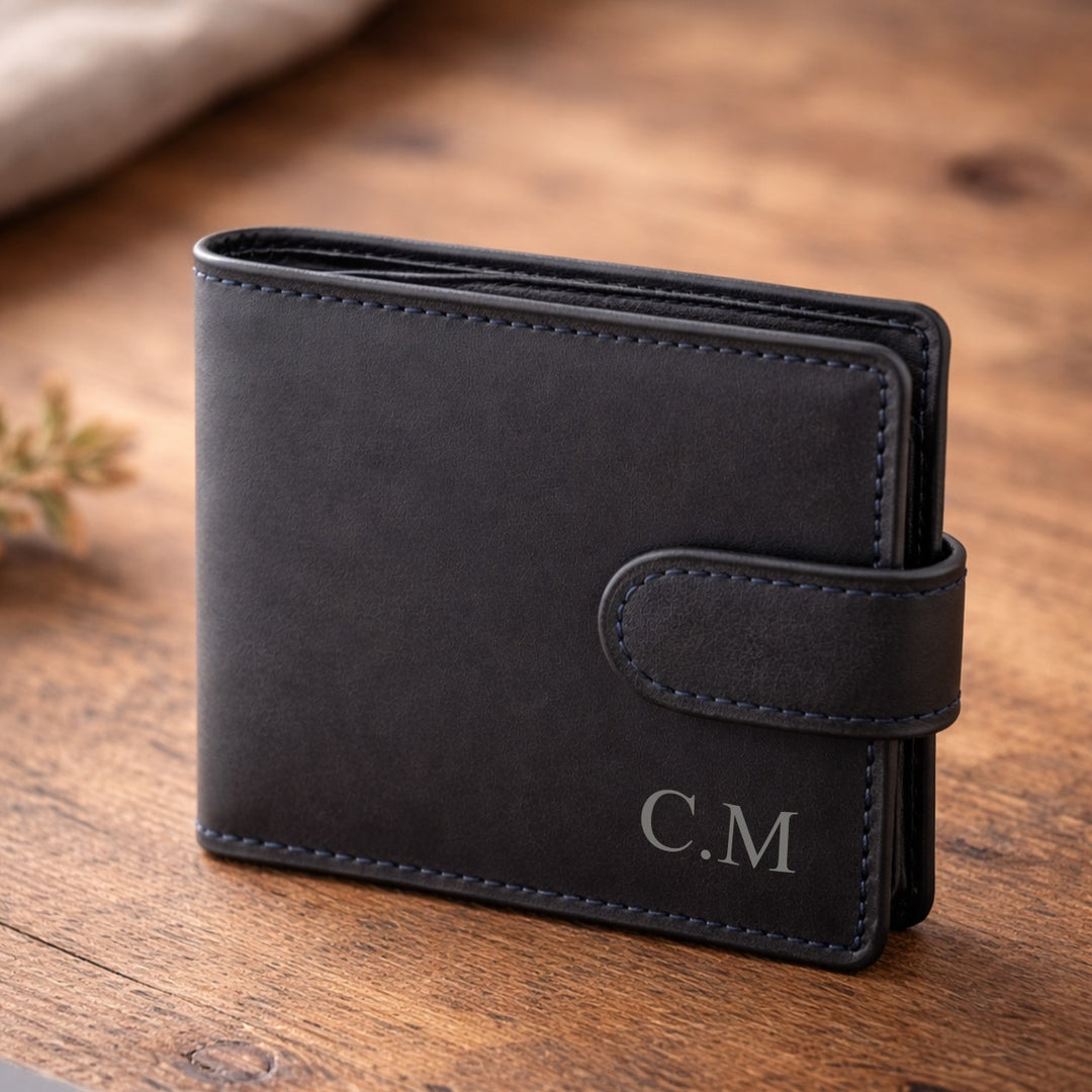 Personalised Engraved Initials Black Leather Wallet