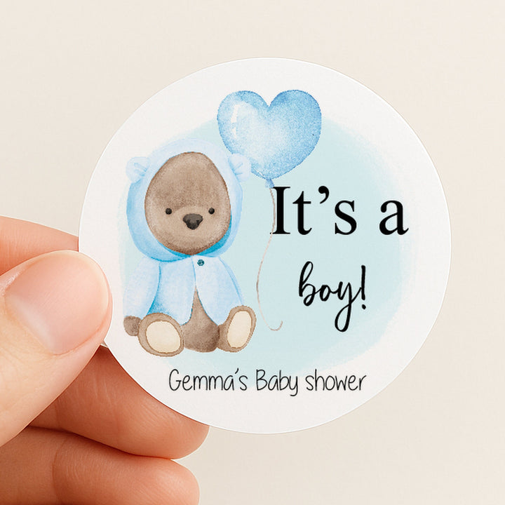Personalised It's A Boy Blue Teddy Baby Shower Stickers