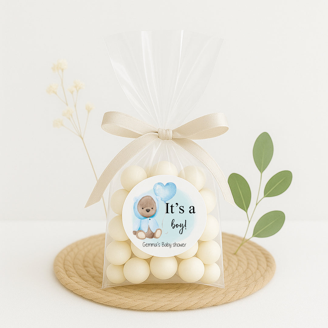 Personalised It's A Boy Blue Teddy Baby Shower Stickers