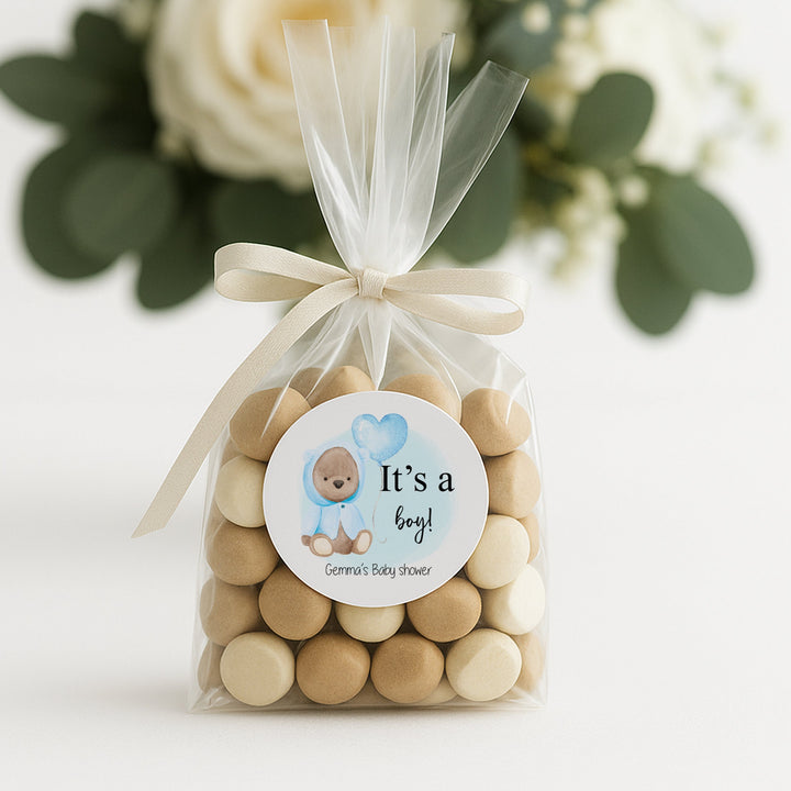 Personalised It's A Boy Blue Teddy Baby Shower Stickers