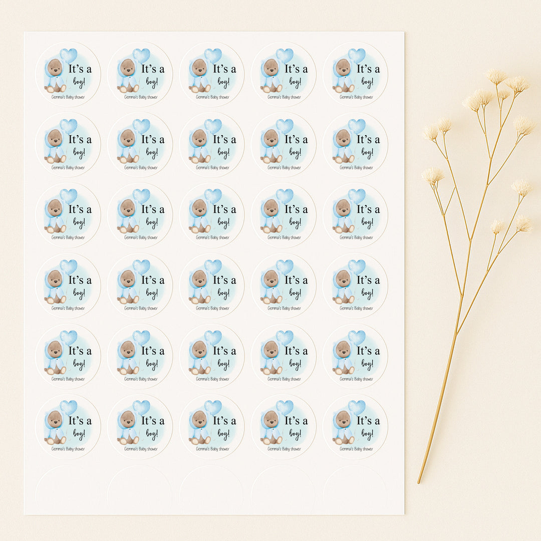 Personalised It's A Boy Blue Teddy Baby Shower Stickers