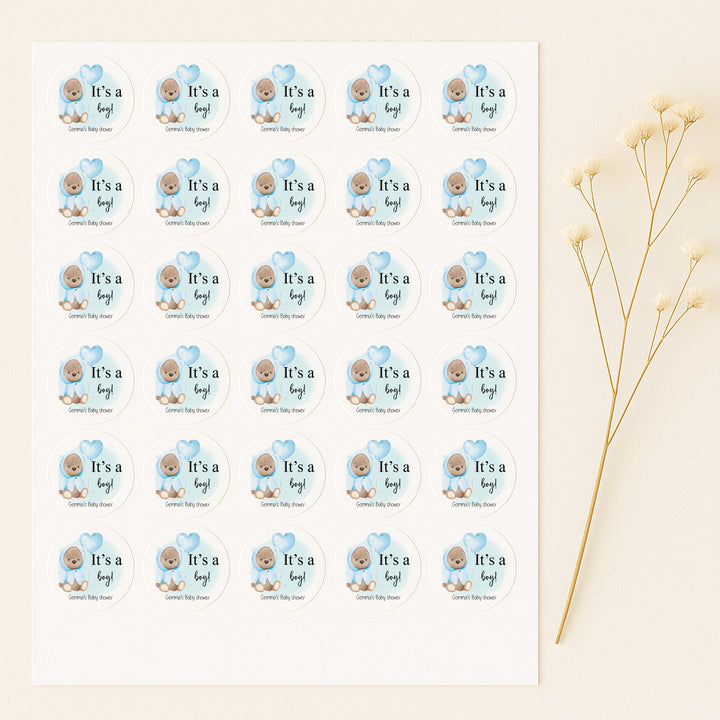Personalised It's A Boy Blue Teddy Baby Shower Stickers
