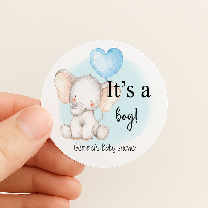 Personalised It's A Boy Blue Elephant Baby Shower Stickers