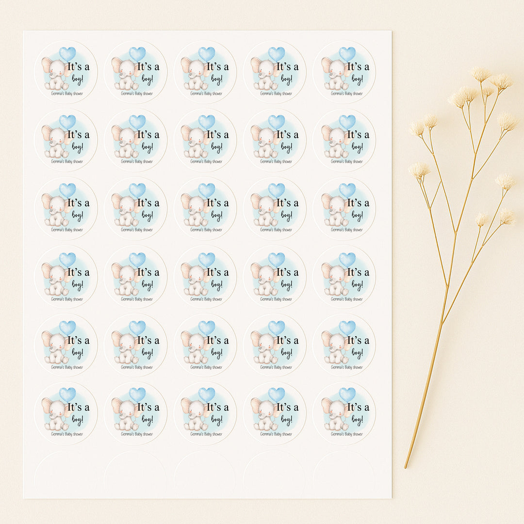 Personalised It's A Boy Blue Elephant Baby Shower Stickers