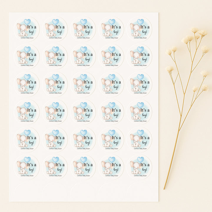 Personalised It's A Boy Blue Elephant Baby Shower Stickers