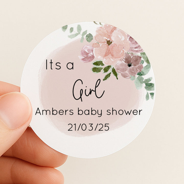 Personalised Pink Floral It's a Girl Baby Shower Stickers