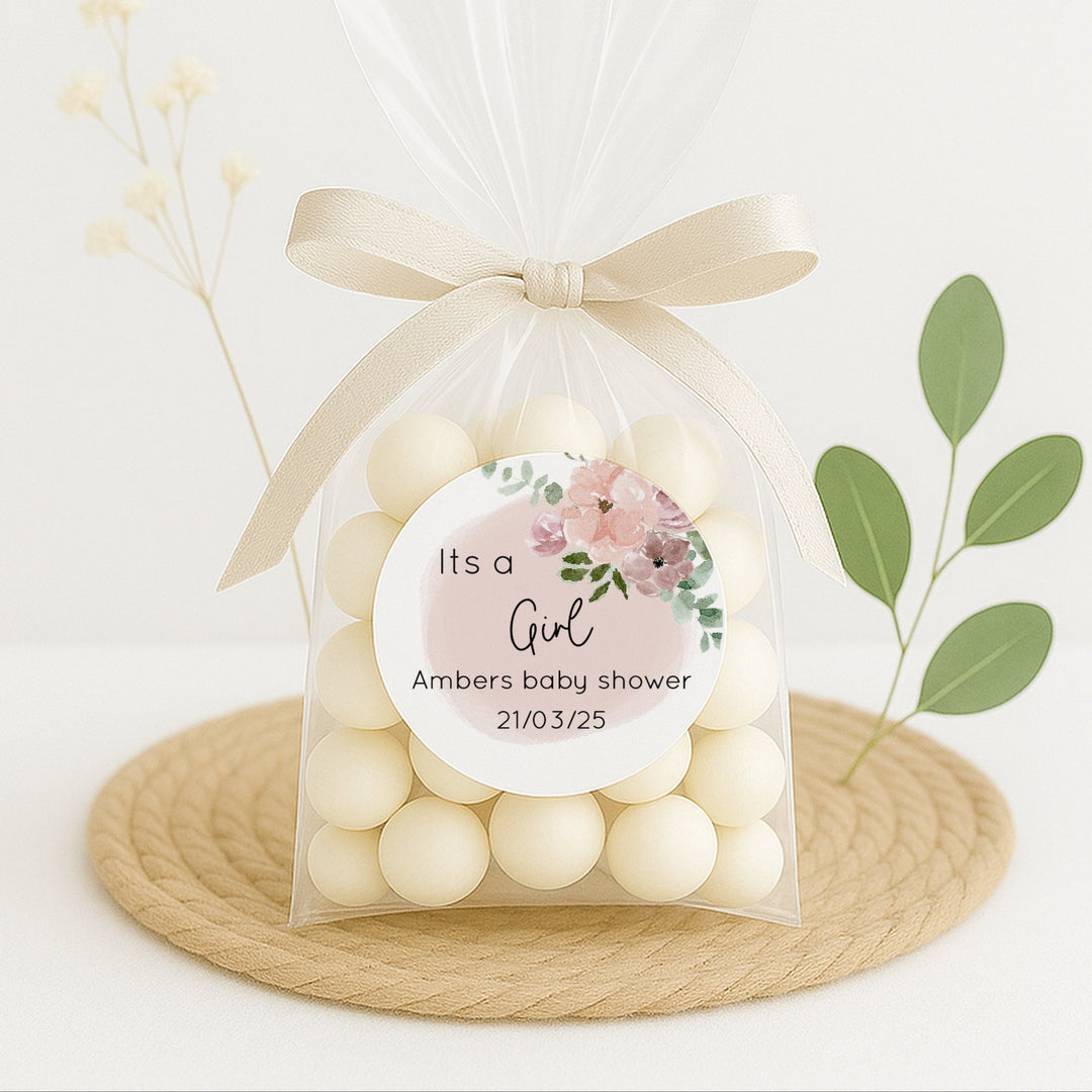 Personalised Pink Floral It's a Girl Baby Shower Stickers