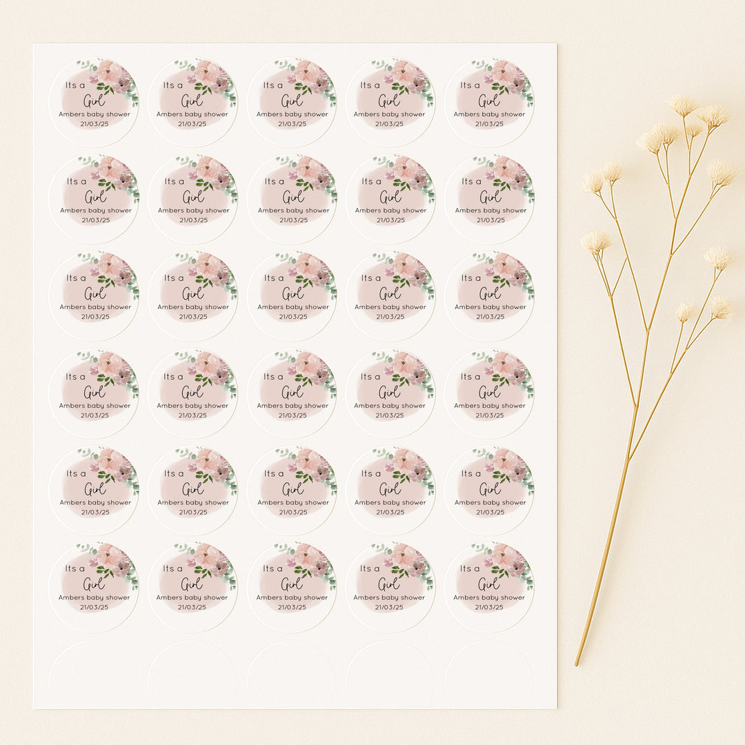 Personalised Pink Floral It's a Girl Baby Shower Stickers