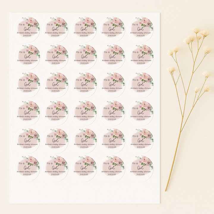Personalised Pink Floral It's a Girl Baby Shower Stickers