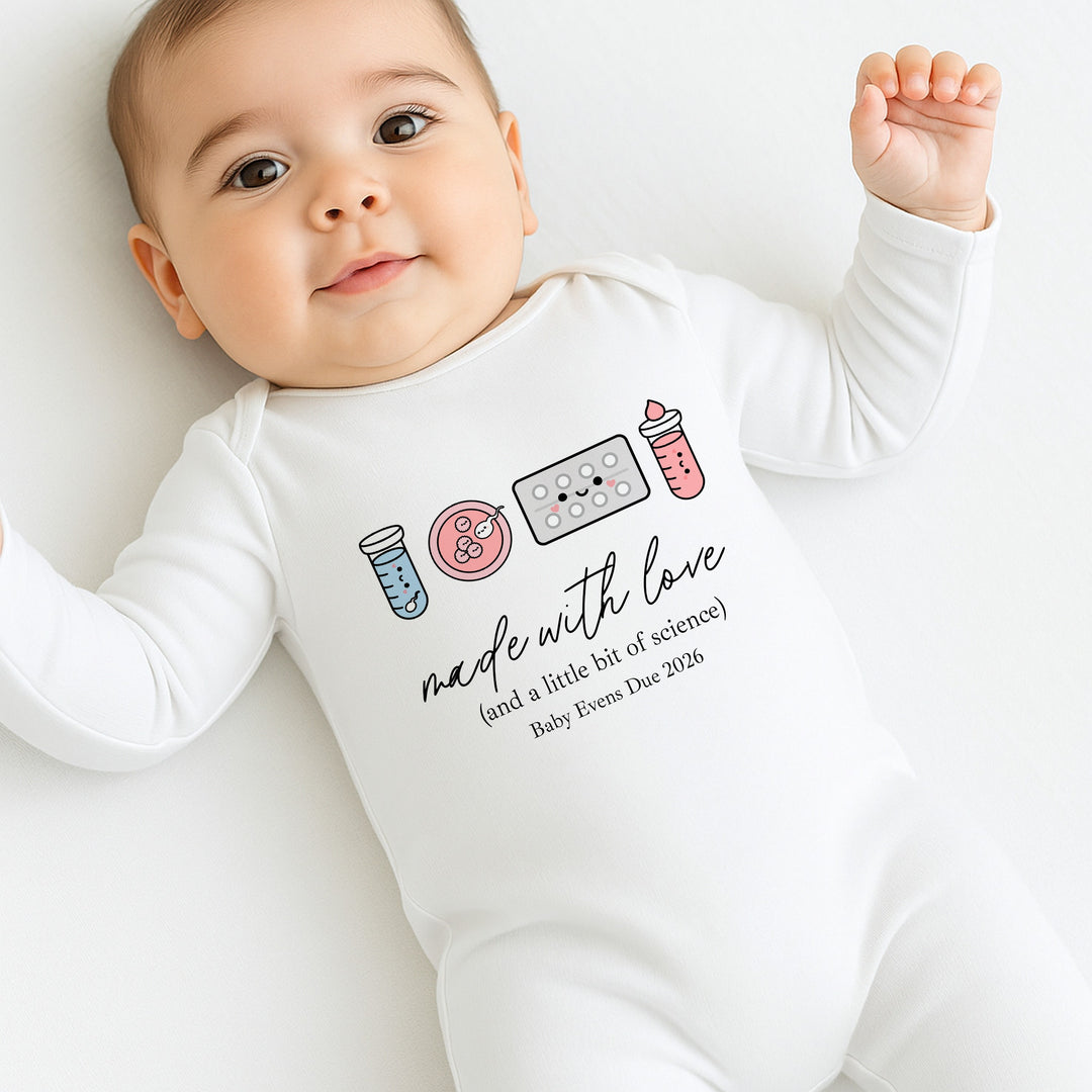 Personalised Colourful Made With Love And Science IVF Baby Announcement Vest