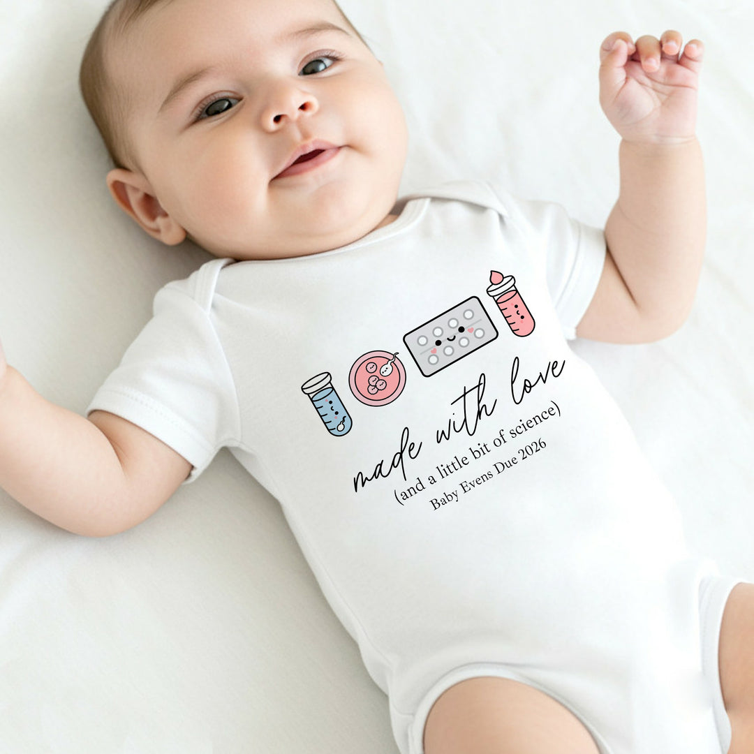 Personalised Colourful Made With Love And Science IVF Baby Announcement Vest