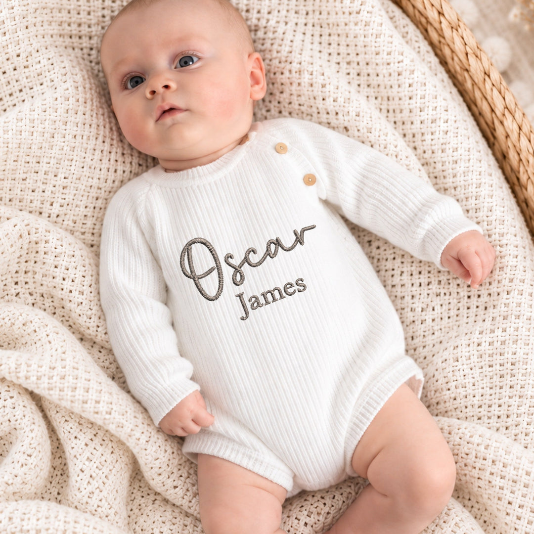 Personalised Embroidered Double Name Ribbed Baby Romper