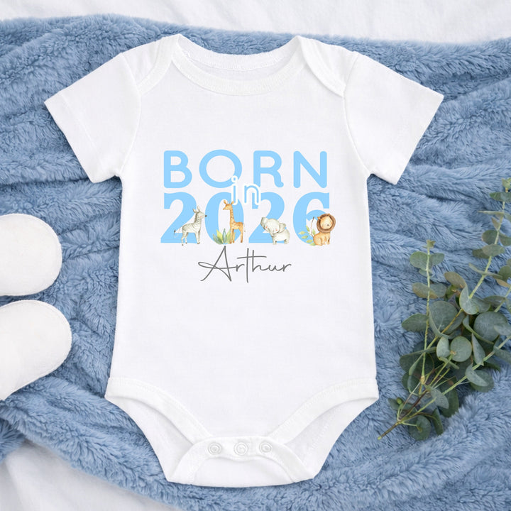 Personalised Blue Jungle Born in 2026 Baby Grow, Vest or Bib