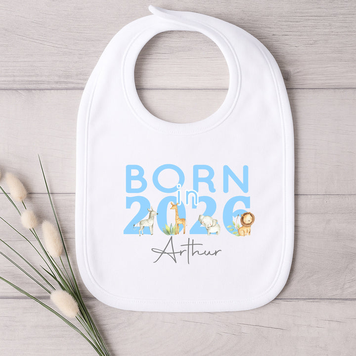 Personalised Blue Jungle Born in 2026 Baby Grow, Vest or Bib