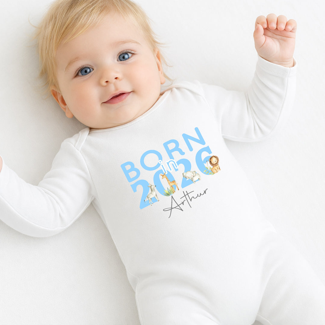 Personalised Blue Jungle Born in 2026 Baby Grow, Vest or Bib