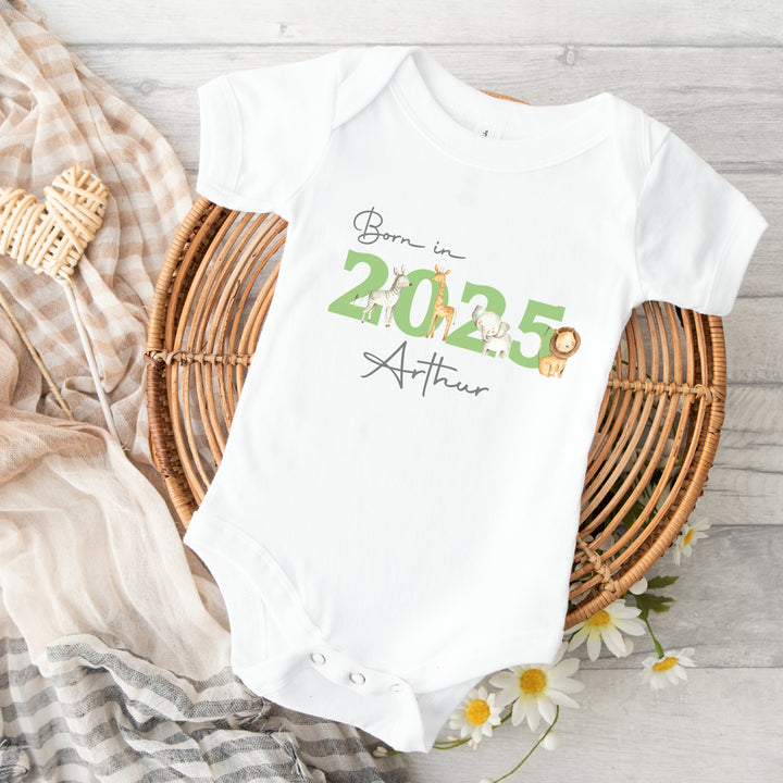 Personalised Born in 2025 Green Jungle Babygrow/Vest