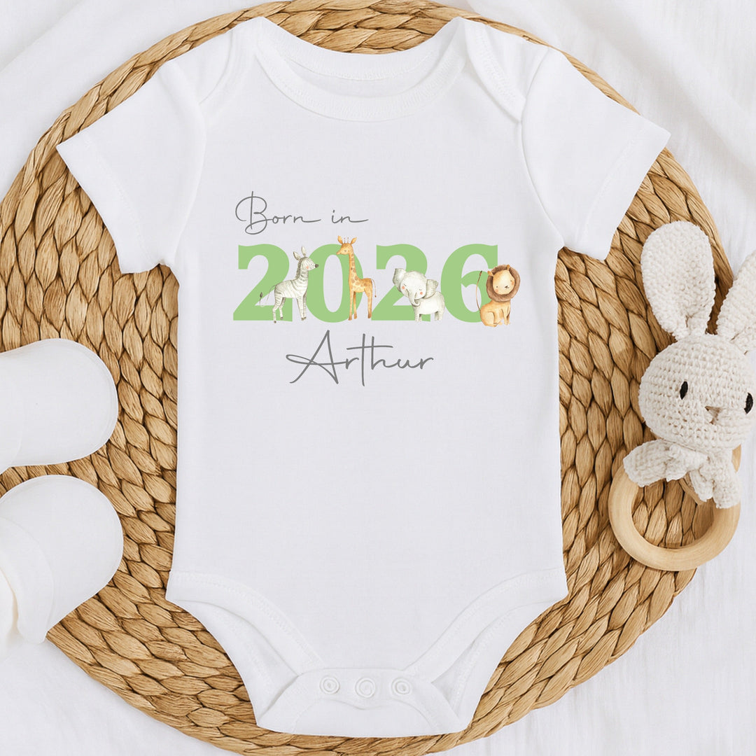 Personalised Born in 2026 Green Jungle Baby Grow, Vest or Bib