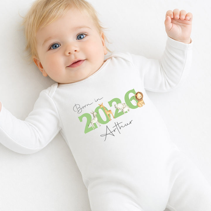Personalised Born in 2026 Green Jungle Baby Grow, Vest or Bib