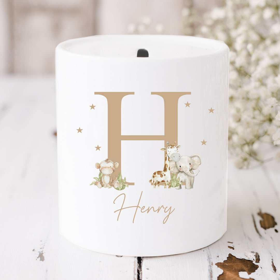 Personalised Beige Jungle Initial Ceramic Money Box