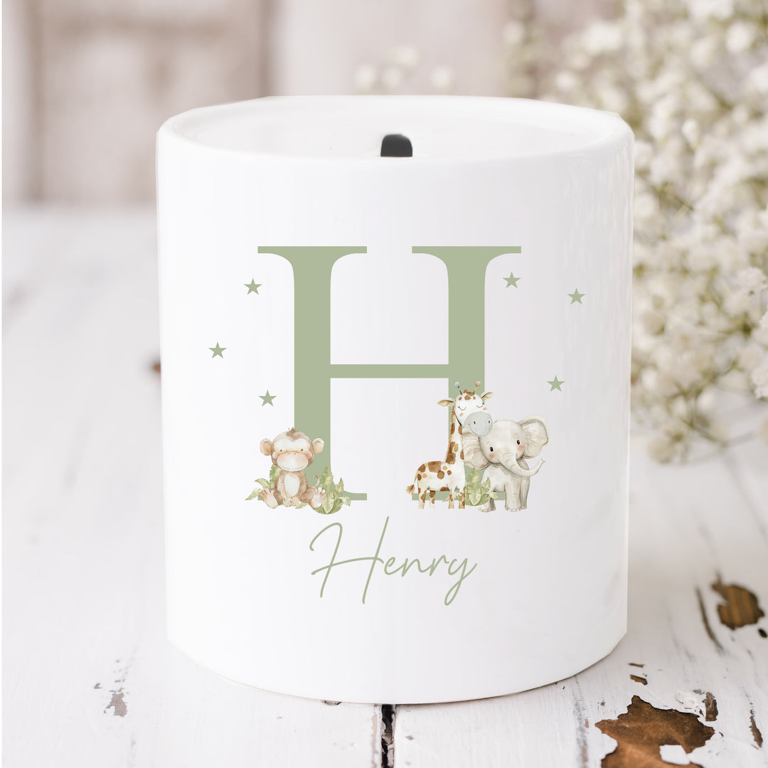 Personalised Sage Green Jungle Initial Ceramic Money Box