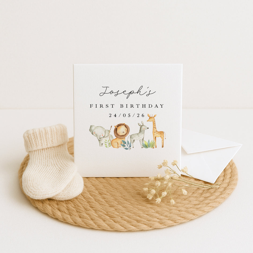 Personalised Safari Gang First Birthday Card