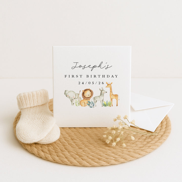 Personalised Safari Gang First Birthday Card