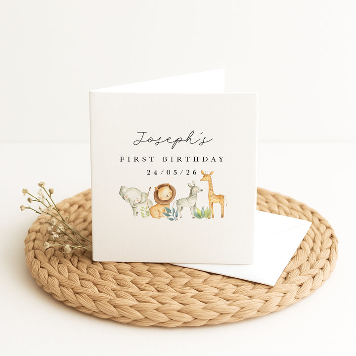 Personalised Safari Gang First Birthday Card