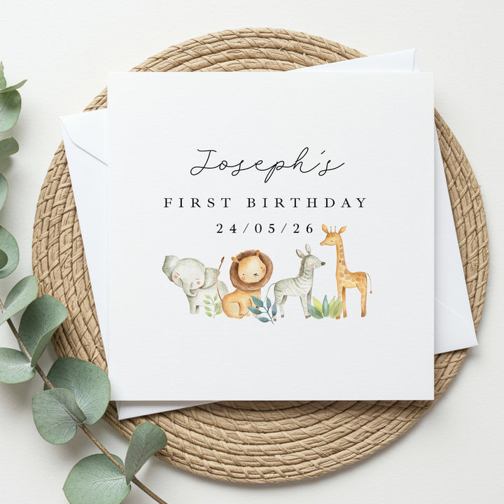 Personalised Safari Gang First Birthday Card