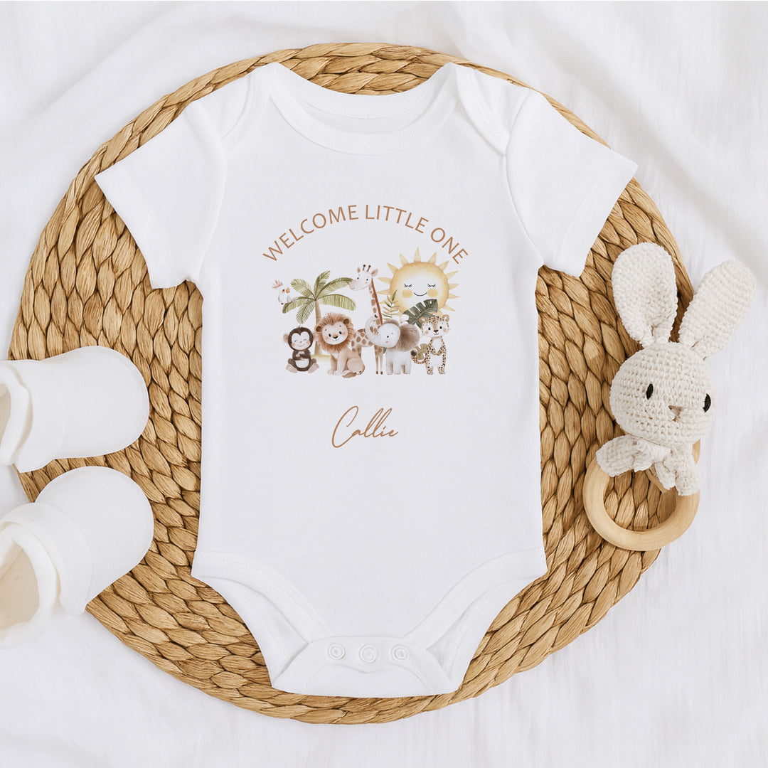 Personalised Beige Safari Welcome Little One Baby Grow, Vest or Bib