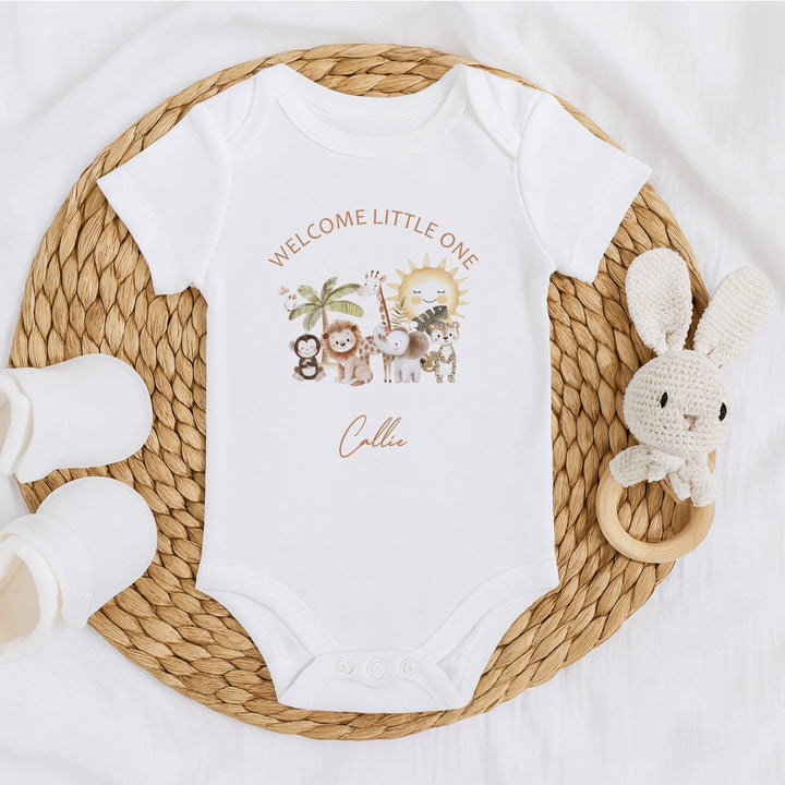Personalised Beige Safari Welcome Little One Baby Grow, Vest or Bib