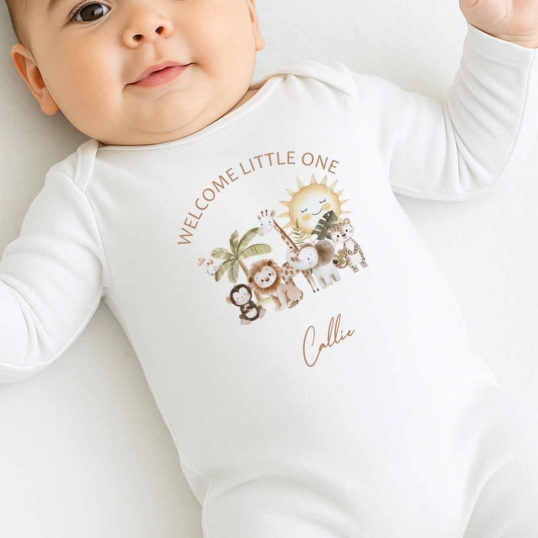 Personalised Beige Safari Welcome Little One Baby Grow, Vest or Bib