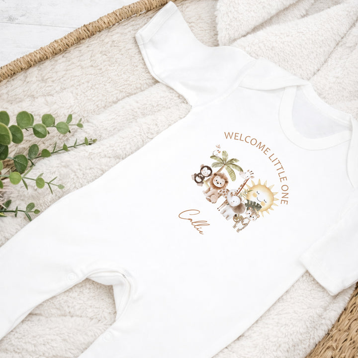 Personalised Beige Safari Welcome Little One Baby Grow, Vest or Bib