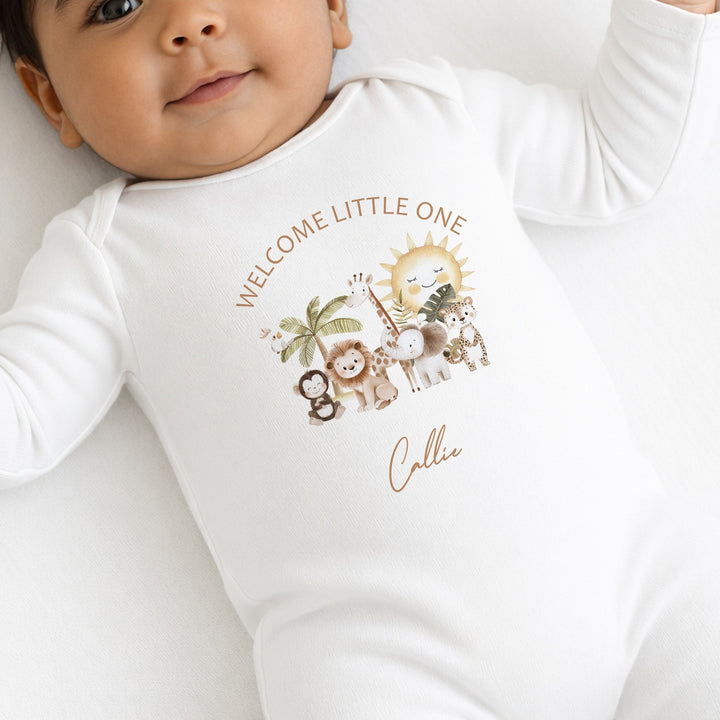 Personalised Beige Safari Welcome Little One Baby Grow &amp; Rabbit Set