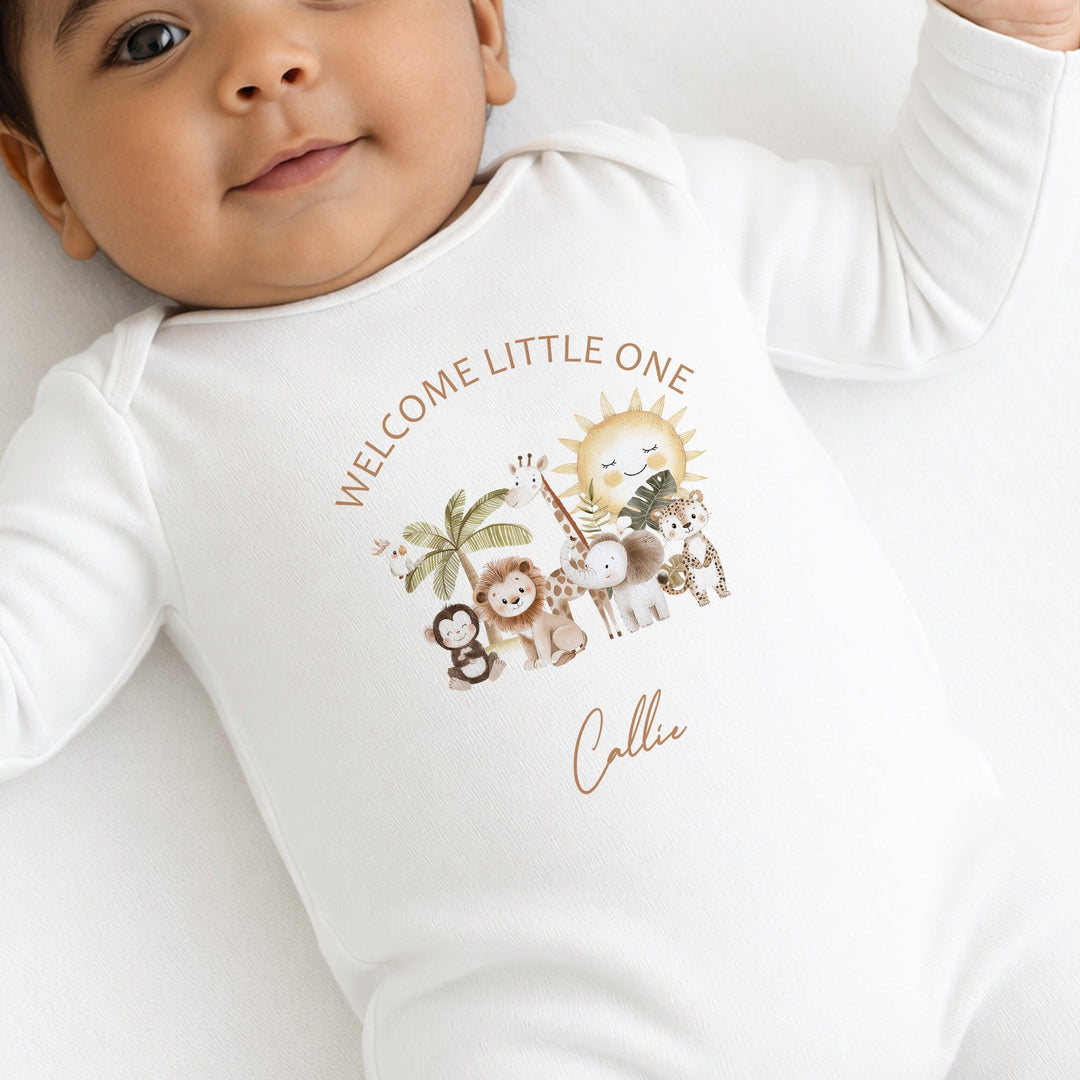 Personalised Beige Safari Welcome Little One Baby Grow, Vest or Bib