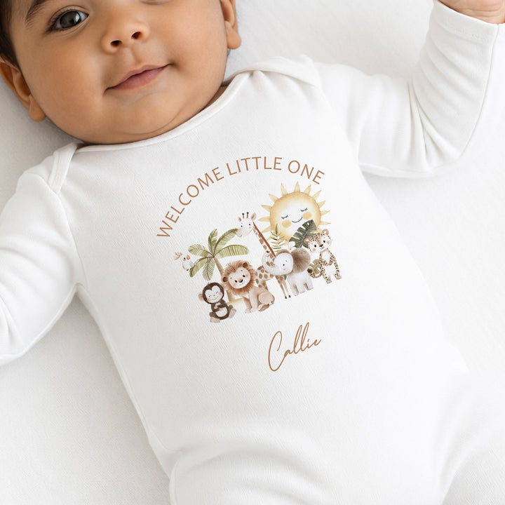 Personalised Beige Safari Welcome Little One Baby Grow, Vest or Bib