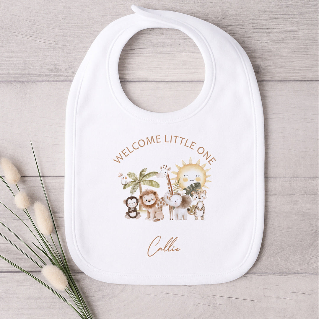 Personalised Beige Safari Welcome Little One Baby Grow, Vest or Bib