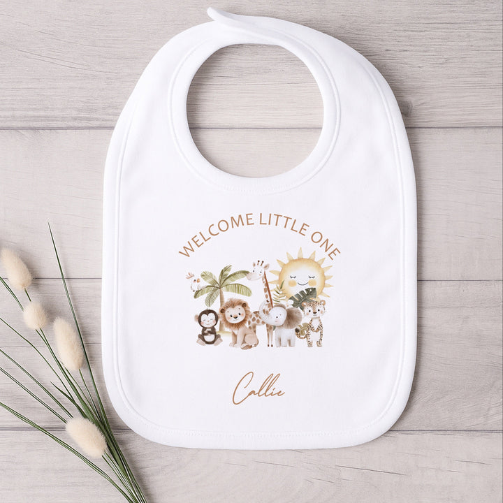 Personalised Beige Safari Welcome Little One Baby Grow, Vest or Bib