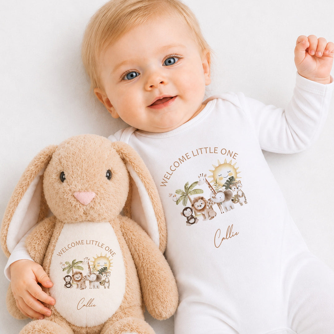 Personalised Beige Safari Welcome Little One Baby Grow &amp; Rabbit Set