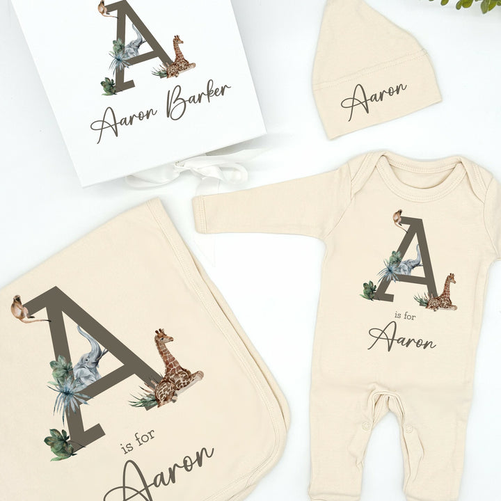 Personalised Jungle Initial Beige Hamper Clothing Gift Set