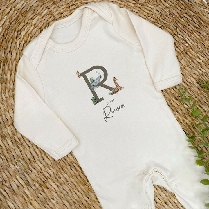 Personalised Jungle Initial Beige Babygrow with optional Headband, Hat, Blanket