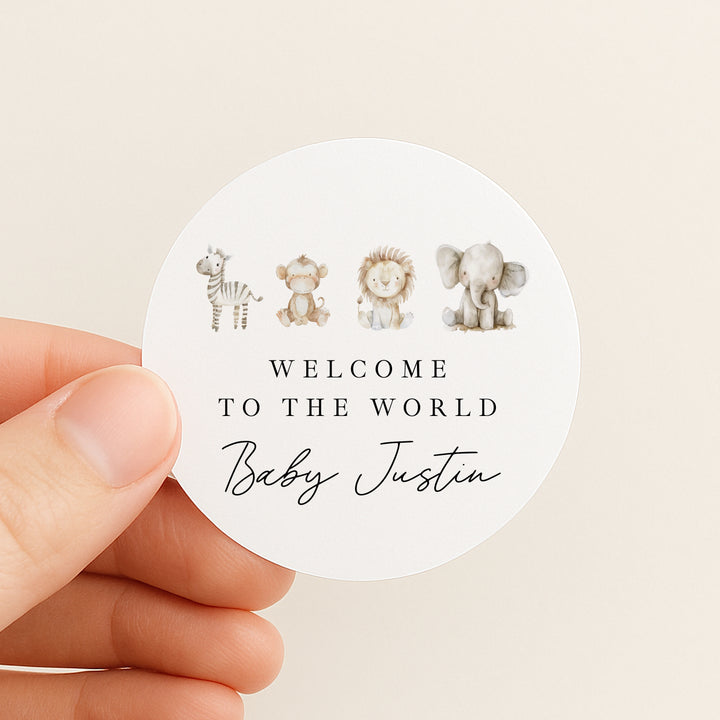 Personalised Watercolour Safari Baby Shower Stickers