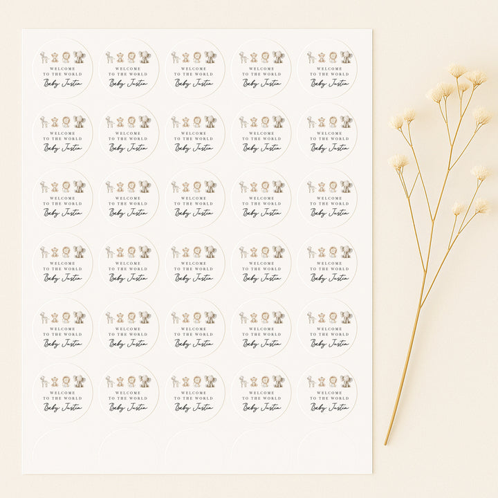 Personalised Watercolour Safari Baby Shower Stickers