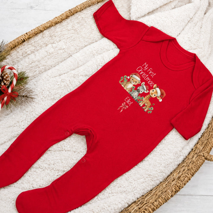 Personalised Jungle My First Christmas Red Baby Grow