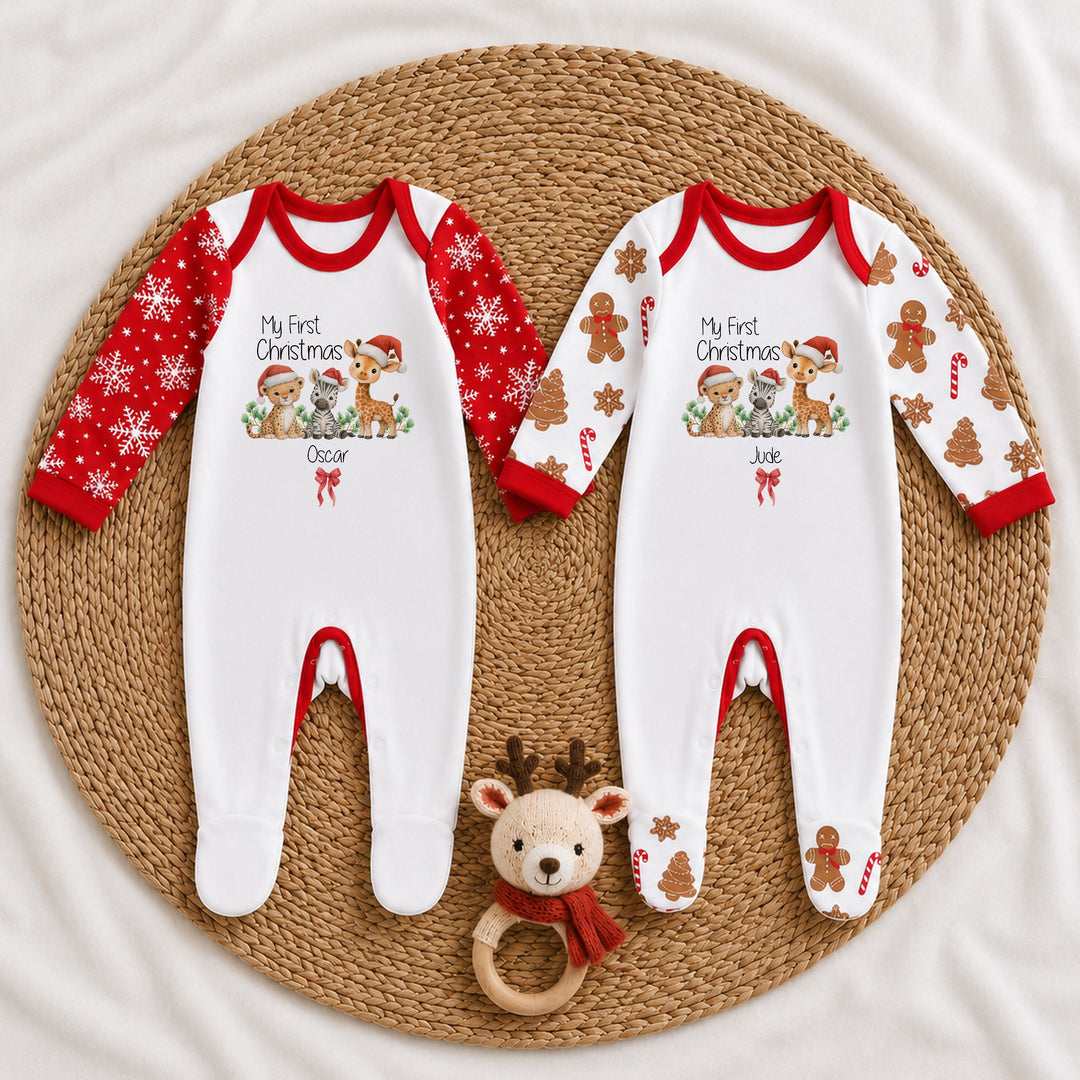 Personalised Jungle My First Christmas Pattern Baby Grow